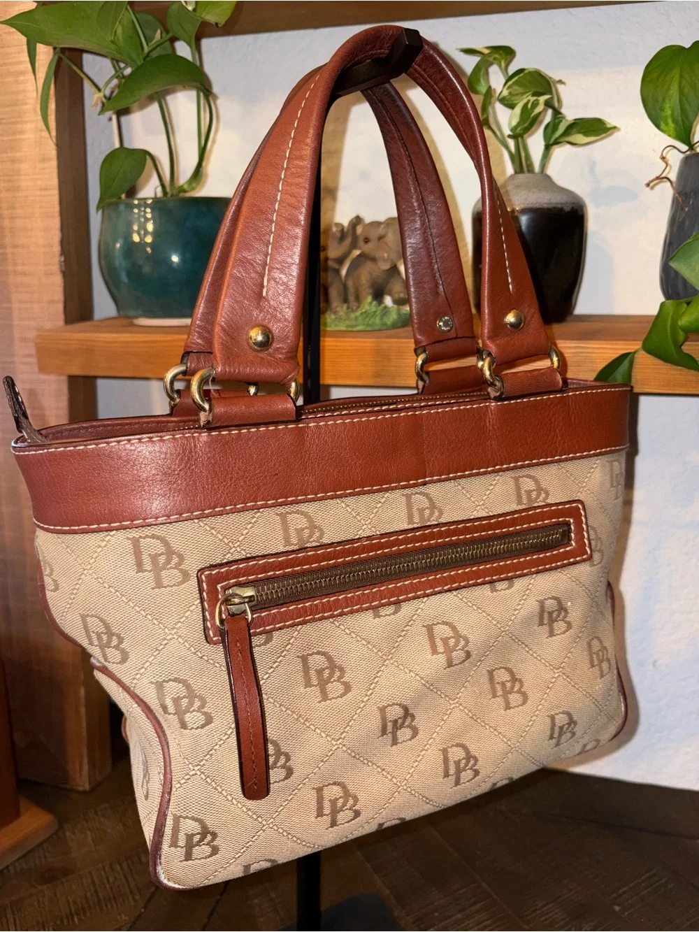 Dooney & Bourke Signature DB Monogram Satchel | British Tan | Zip Top